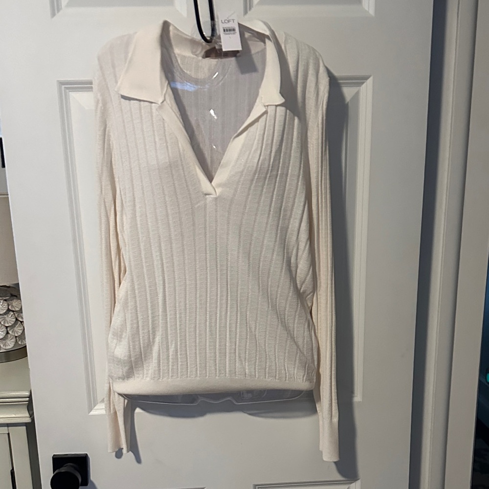 LOFT Cream Ribbed Knit Top